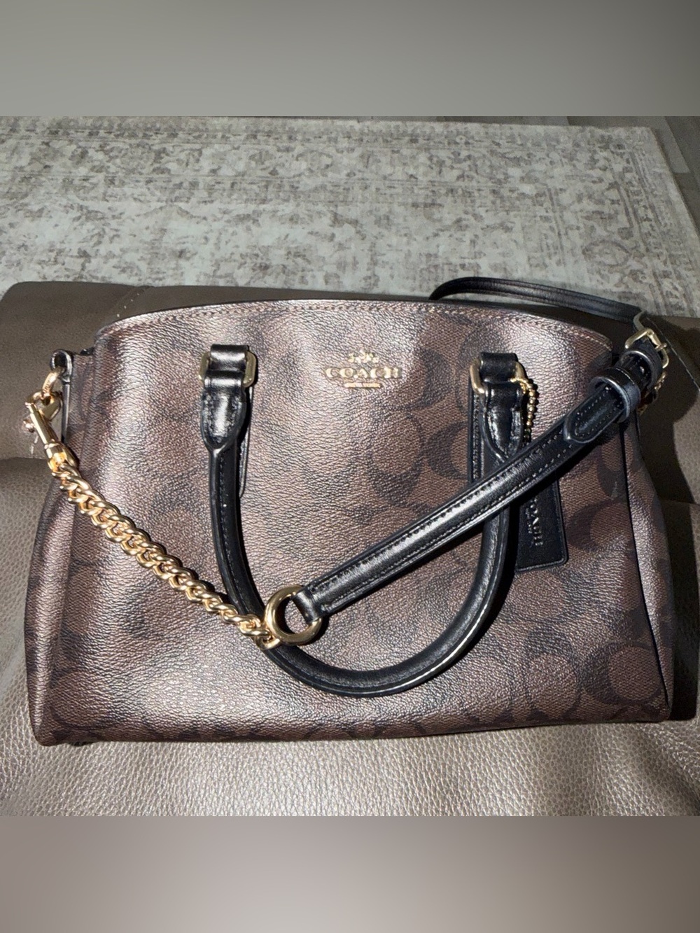 Coach Brown Signature Dome Satchel with Black Trim and Gold Chain